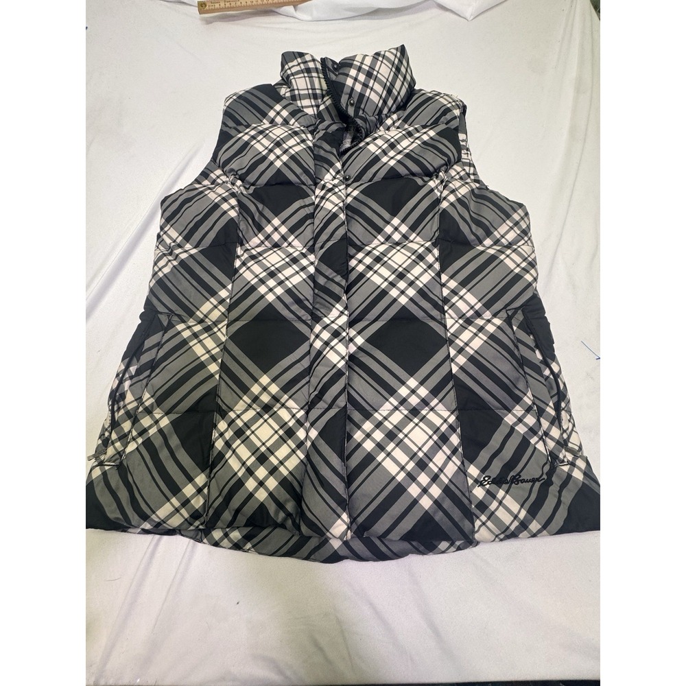 EDDIE BAUER Goose Down Puffer‎ Vest Women's S Black White Plaid Full Zip Ladies
